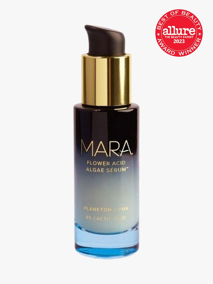 Mara Flower Acid Algae Sérum blue bottle with gold top on light grey background