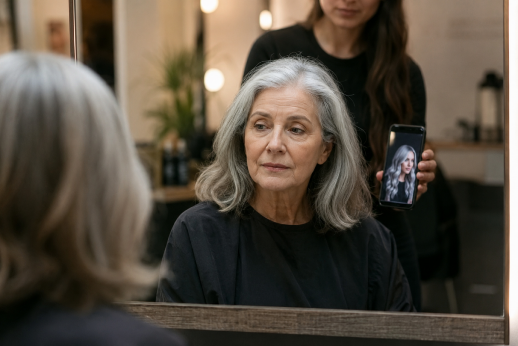 My stylist retired and the new one is 24 and she keeps showing me photos of women half my age — and I don’t know how to tell her I’m not trying to look younger, I’m just trying to finally look like myself?
